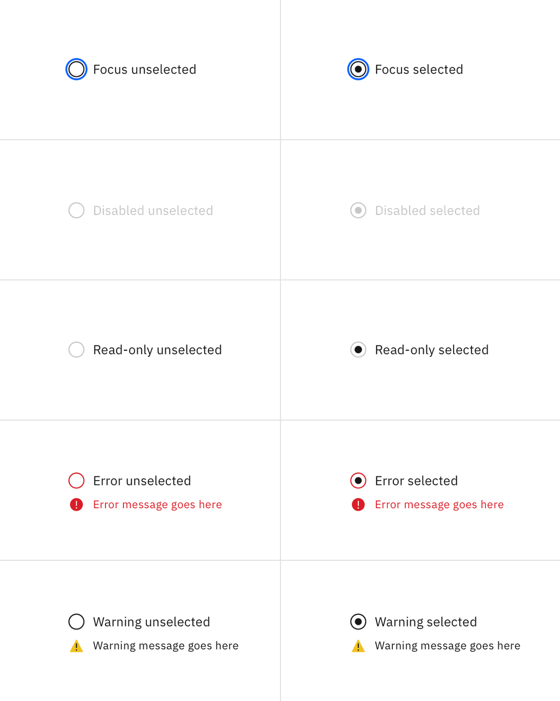 Examples of focus, disabled, read-only, error, and warning states